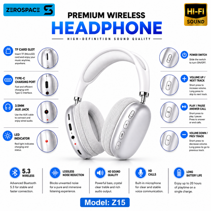 ZEROSPACE Z15 Wireless Bluetooth Headphones | Hi-Fi Sound | Bluetooth 5.3 | Type-C Charging