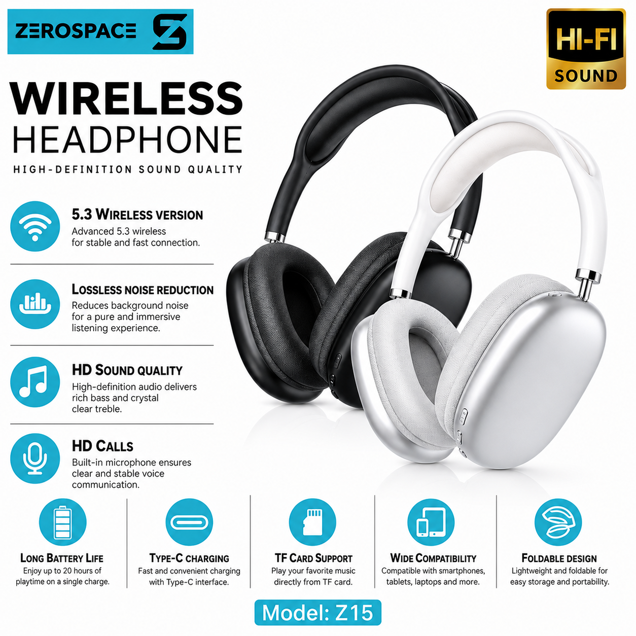 ZEROSPACE Z15 Wireless Bluetooth Headphones | Hi-Fi Sound | Bluetooth 5.3 | Type-C Charging