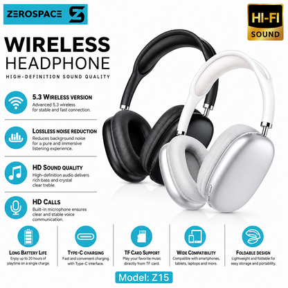 ZEROSPACE Z15 Wireless Bluetooth Headphones | Hi-Fi Sound | Bluetooth 5.3 | Type-C Charging